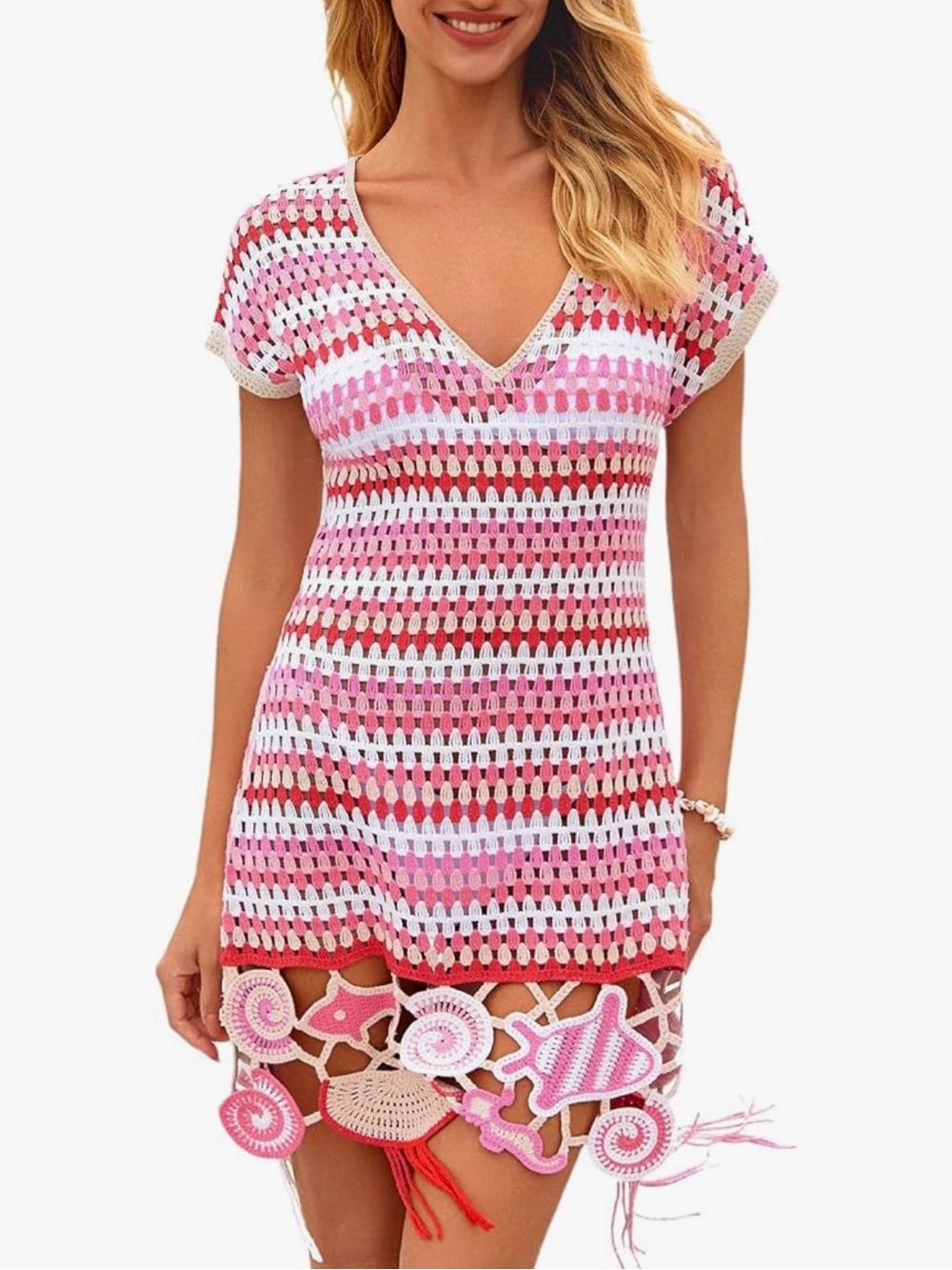 Pink Crochet V-Neck Swim Cover-Up Tunic with Decorative Hem